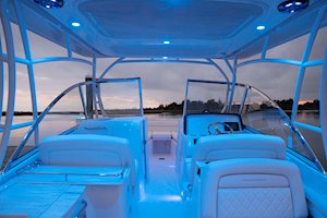 Grady-White Freedom 285 28-foot dual console boat cockpit lights at night