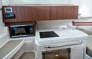 Grady-White Marlin 300 30-foot walkaround cabin boat interior galley storage and  stereo system
