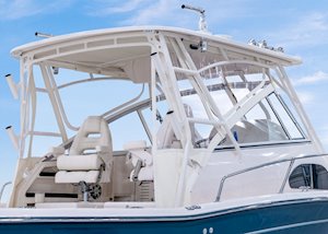 Grady-White Marlin 300 30-foot walkaround cabin boat painted hardtop frame