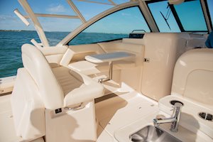 Grady-White Freedom 375 37-foot dual console fishing boat wraparound companion seating