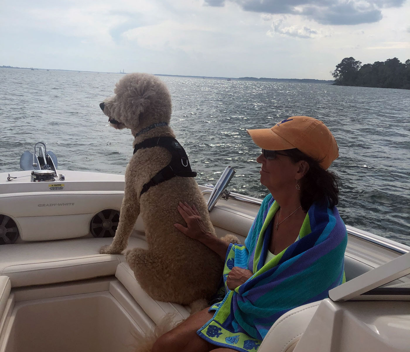 Woman and dog in bow of boat