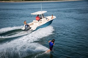 Grady-White Fisherman 216 21-foot center console pulling a wake boarder