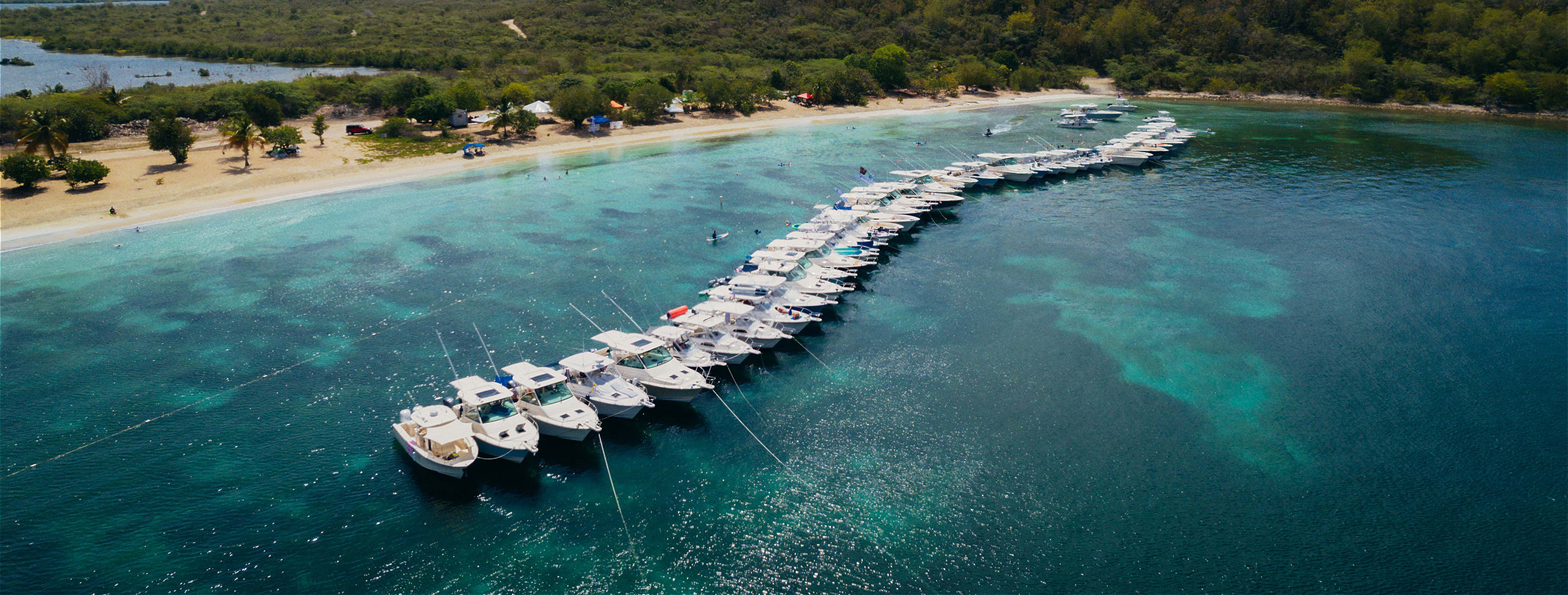 Dozens of Grady-White boats lined up along the coast in a large raft-up