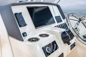 Grady-White Freedom 285 28-foot dual console helm layout with flush mount electronics area