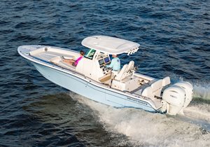 Grady White 281 CE running port side aerial view